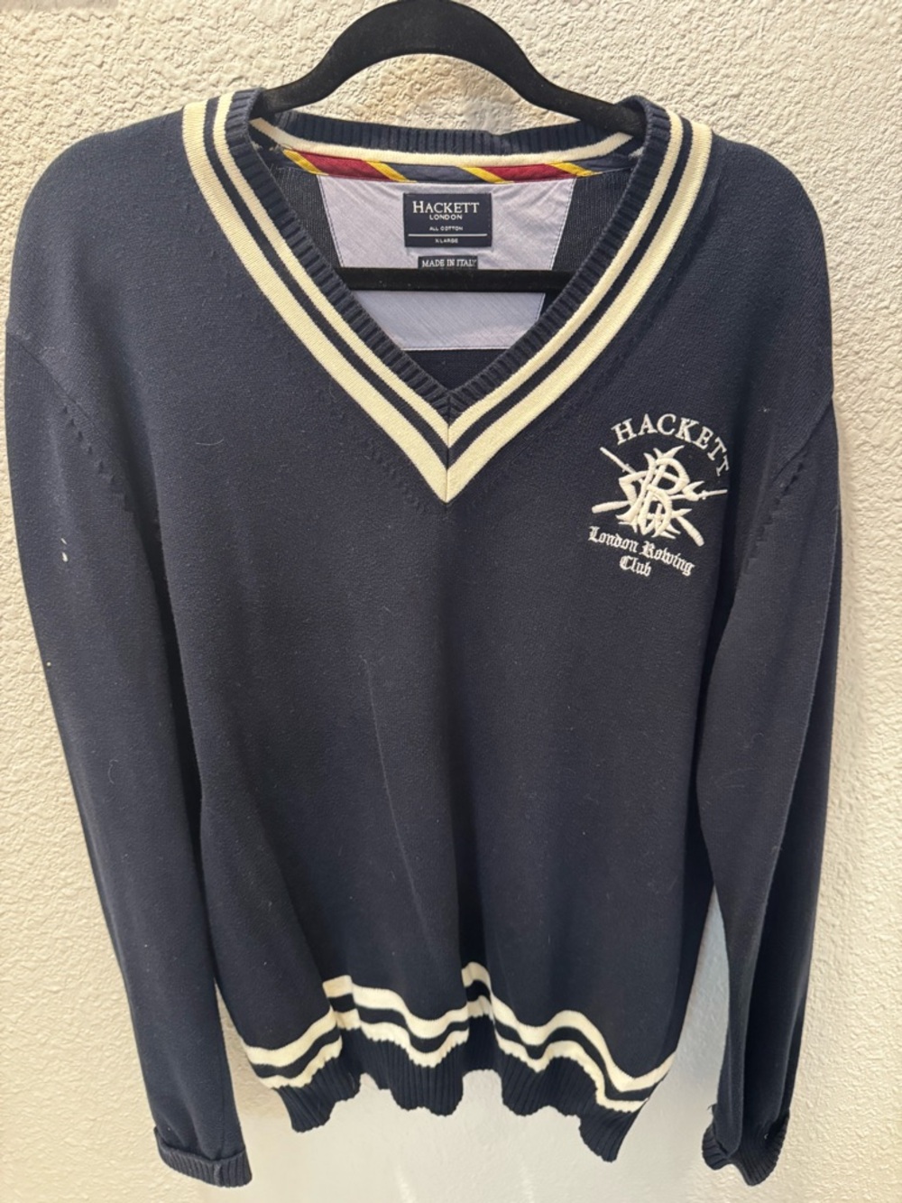 Hackett Navy V-Neck Sweater with Cream Trim